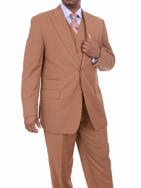 Apollo King Mens Solid Brown Three Piece Wool Suit With Peak Lapel