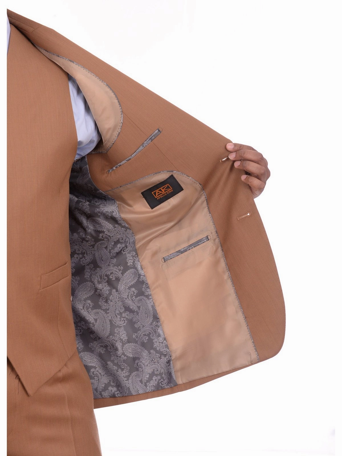 Apollo King Mens Solid Brown Three Piece Wool Suit With Peak Lapel