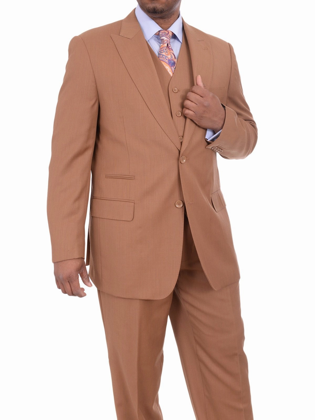 Apollo King Mens Solid Brown Three Piece Wool Suit With Peak Lapel