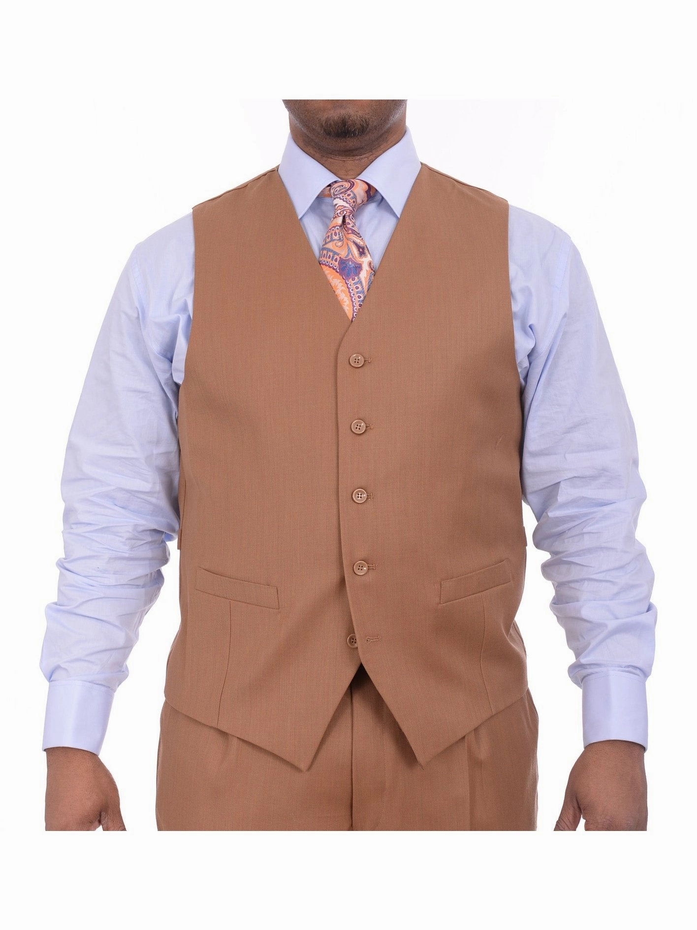Apollo King Mens Solid Brown Three Piece Wool Suit With Peak Lapel