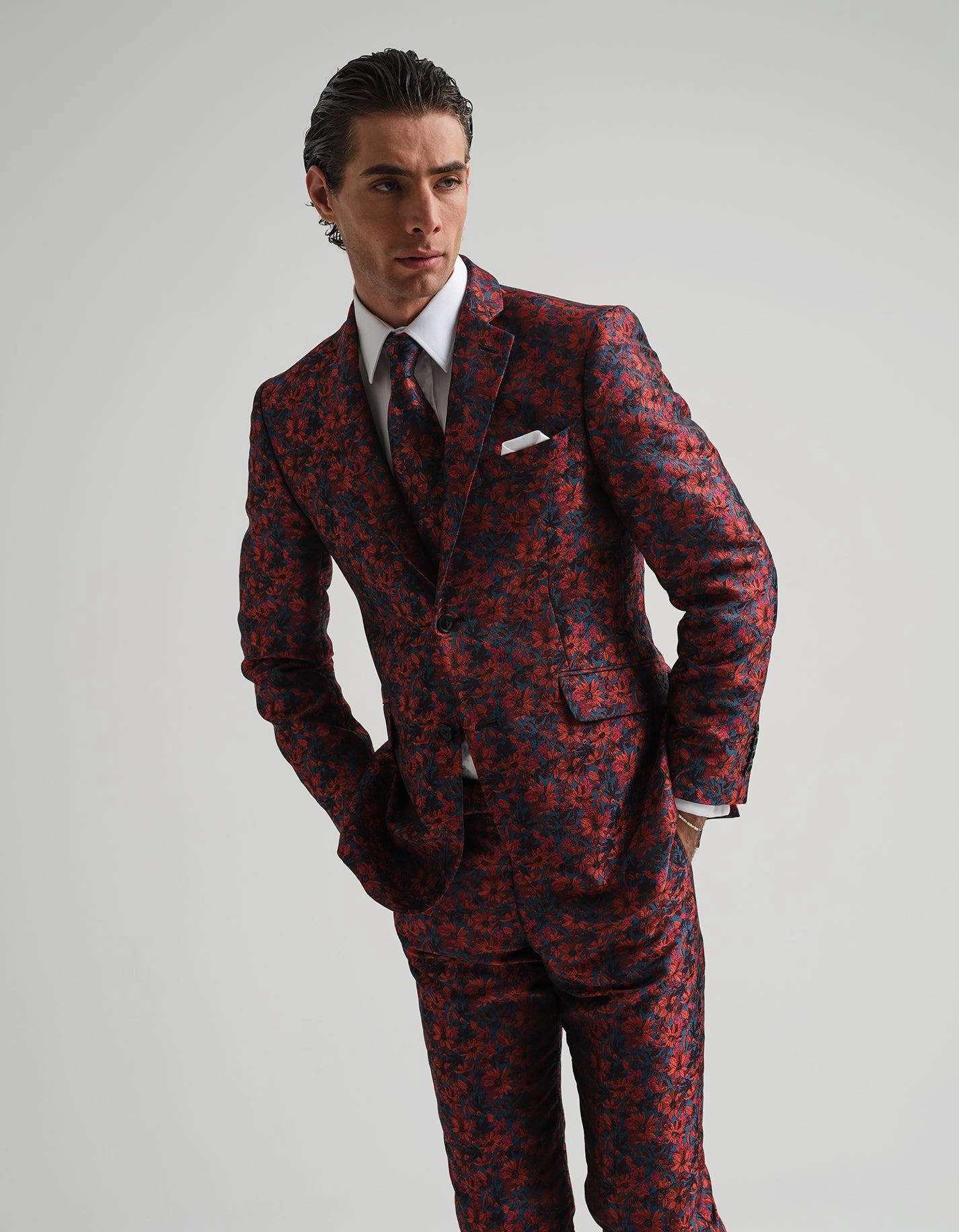 Blue & Orange Floral Jacquard Suit