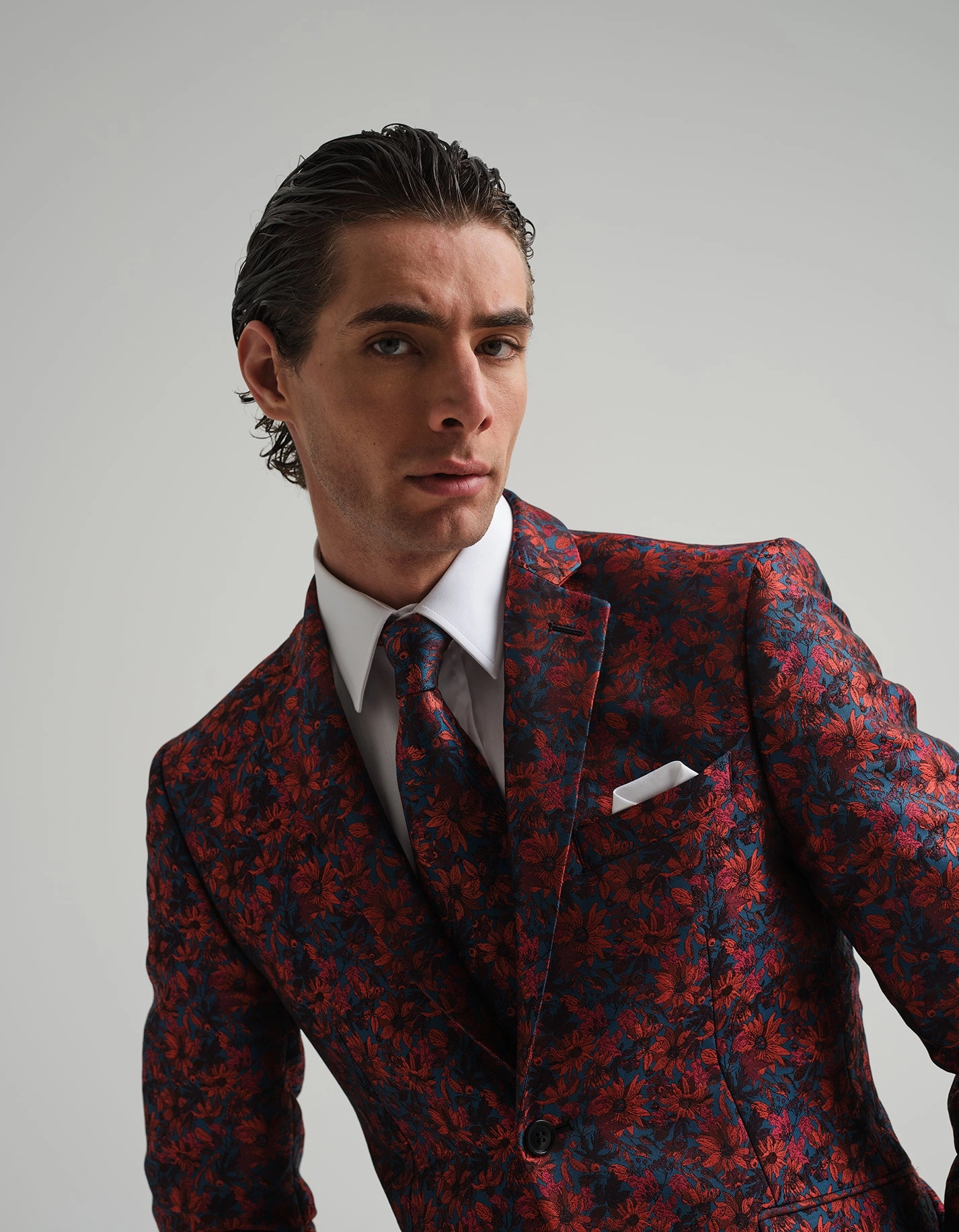 Blue & Orange Floral Jacquard Suit