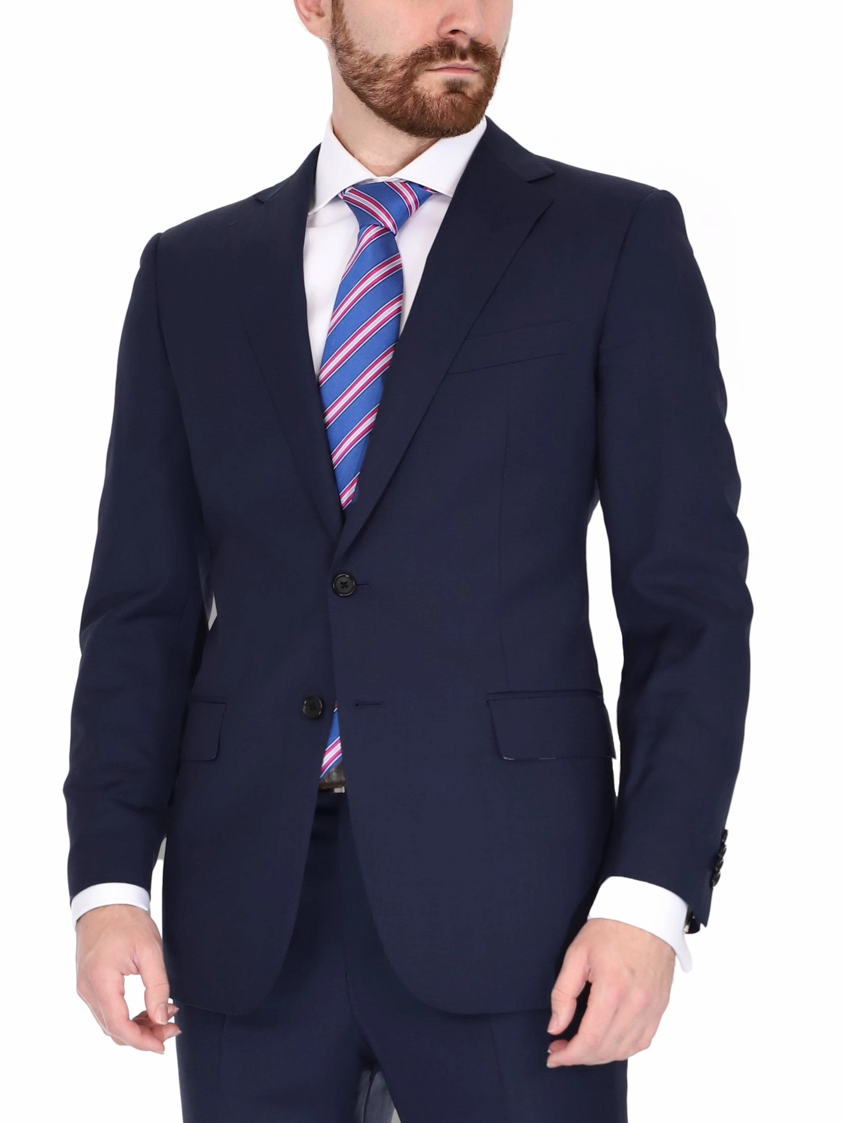 Blujacket Mens Solid Navy Blue Trim Fit Half Canvassed 100% Wool Suit