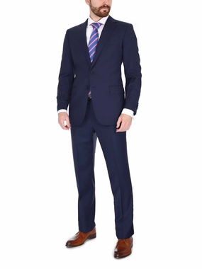 Blujacket Mens Solid Navy Blue Trim Fit Half Canvassed 100% Wool Suit