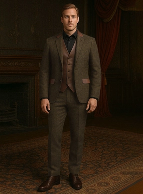 Bottle Brown Herringbone Tweed Suit - Leather Trim