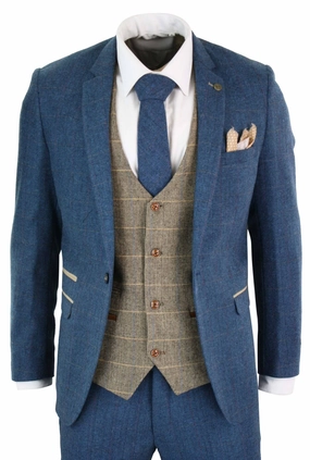 Deon Blue Tan Brown 3 Piece Tweed Suit