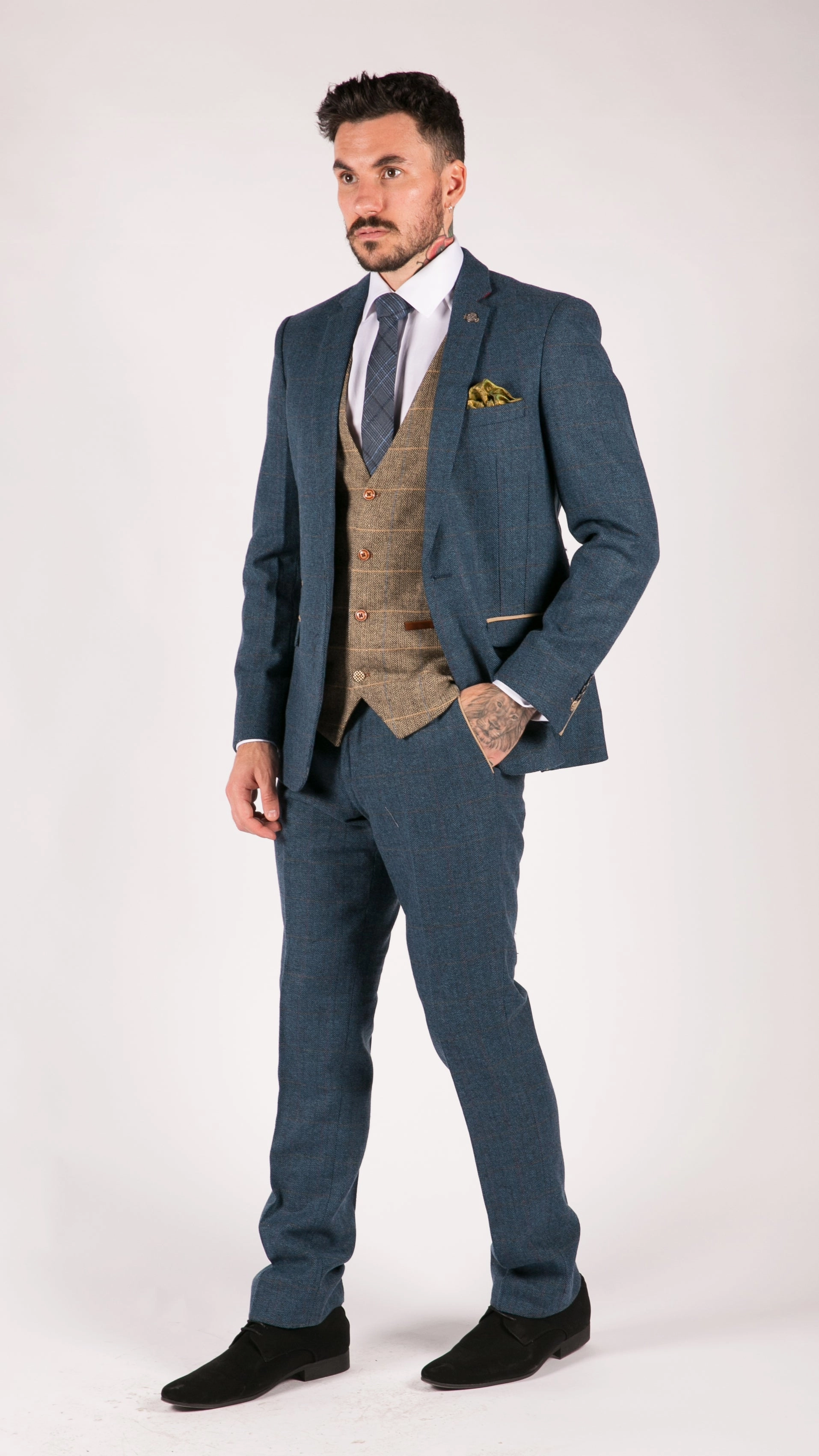 Deon Blue Tan Brown 3 Piece Tweed Suit