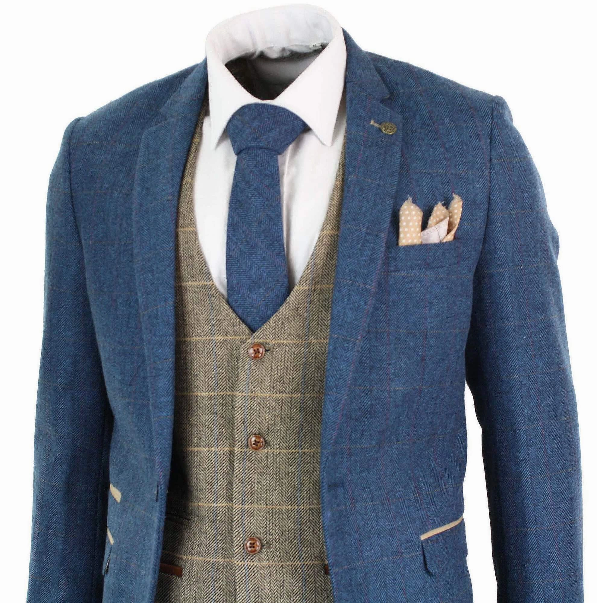 Deon Blue Tan Brown 3 Piece Tweed Suit