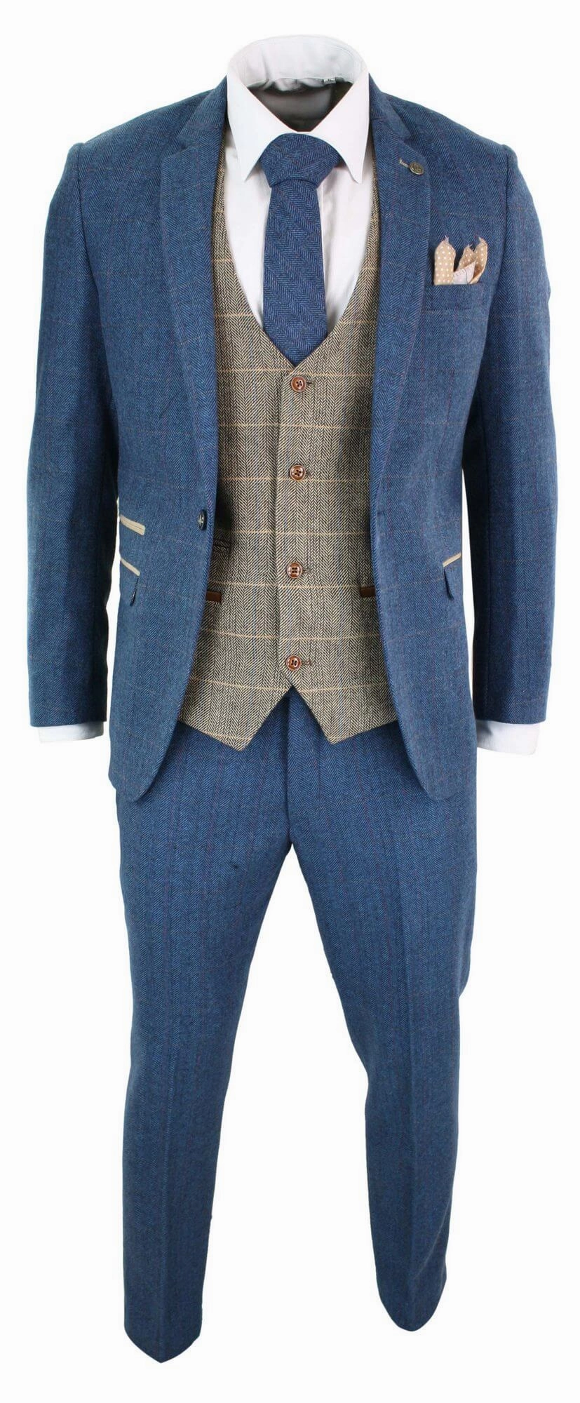 Deon Blue Tan Brown 3 Piece Tweed Suit