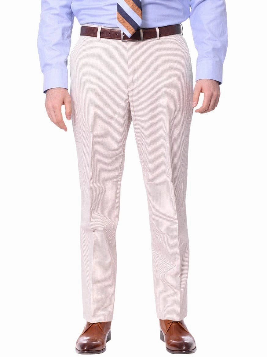 Emigre Classic Fit Tan Striped Two Button Cotton Seersucker Suit
