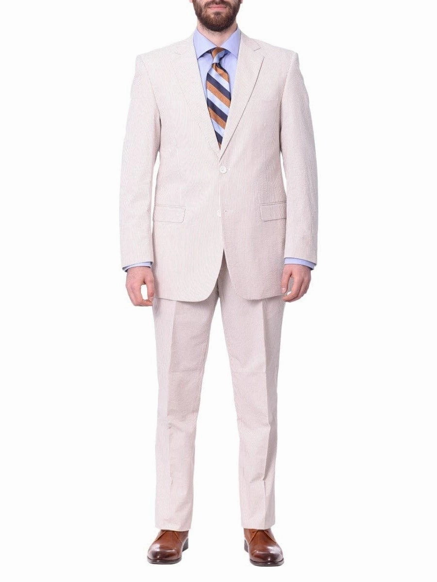 Emigre Classic Fit Tan Striped Two Button Cotton Seersucker Suit