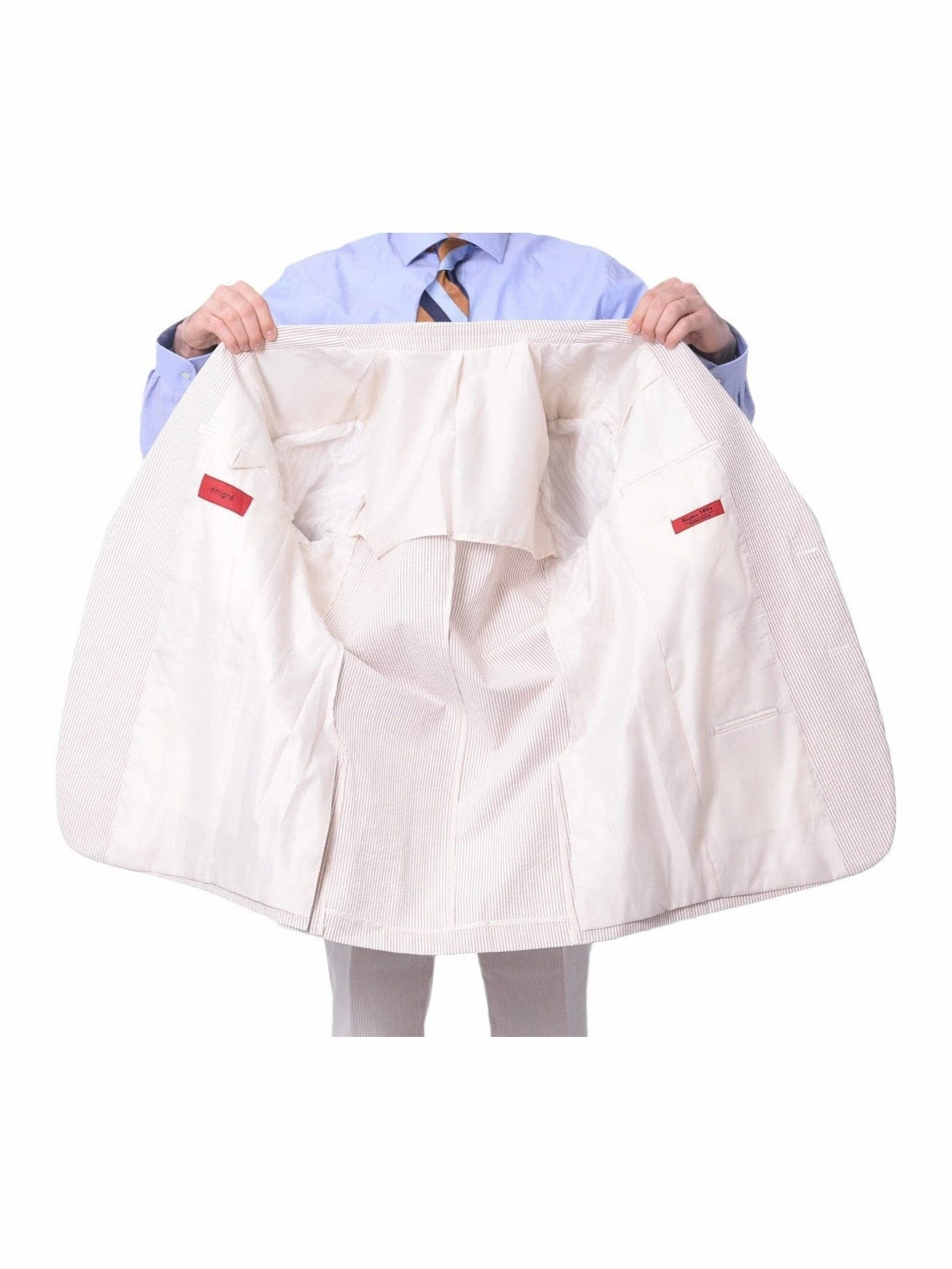 Emigre Classic Fit Tan Striped Two Button Cotton Seersucker Suit