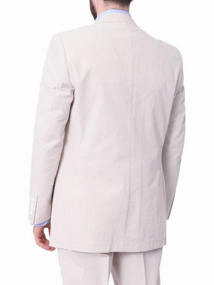 Emigre Classic Fit Tan Striped Two Button Cotton Seersucker Suit
