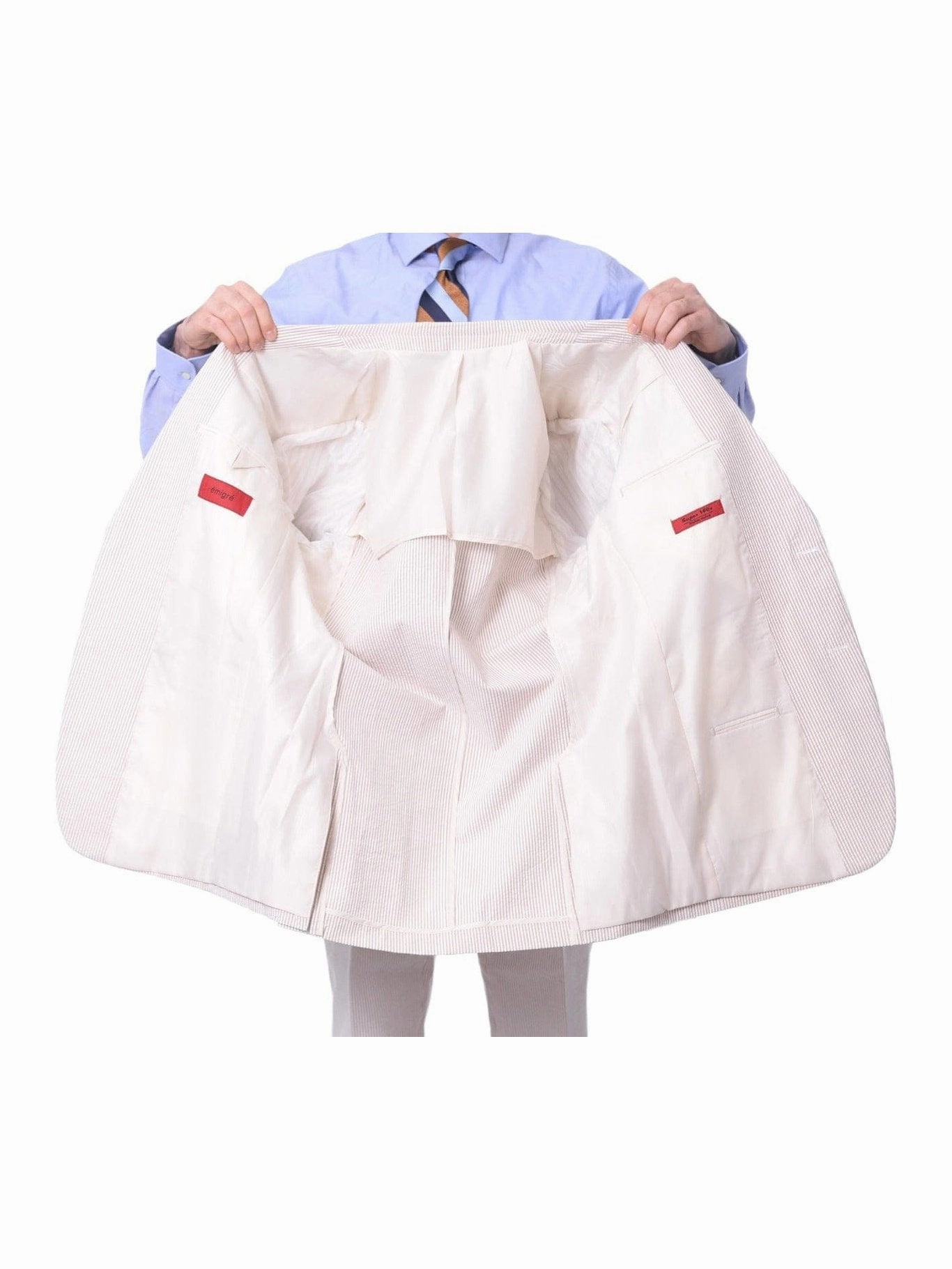 Emigre Classic Fit Tan Striped Two Button Cotton Seersucker Suit