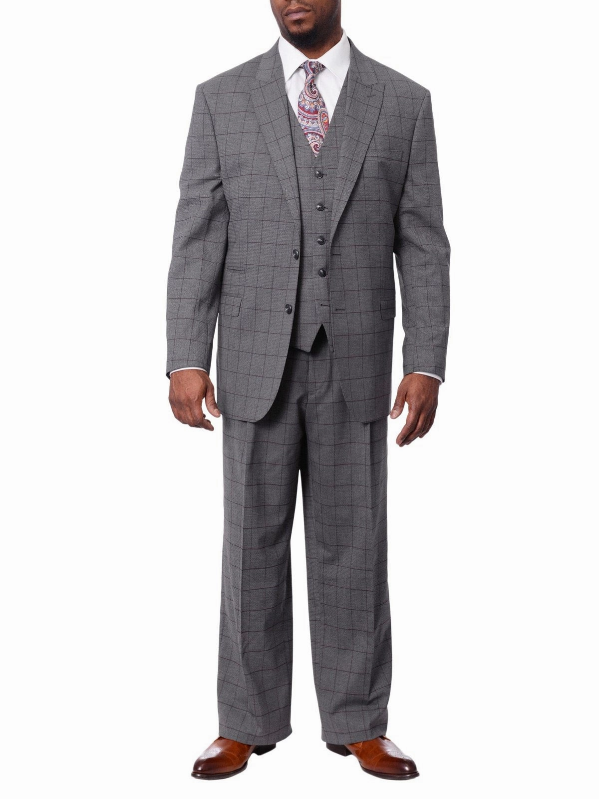 Extrema Mens Gray Check Wool Blend 3 Piece Vested Regular Fit Suit