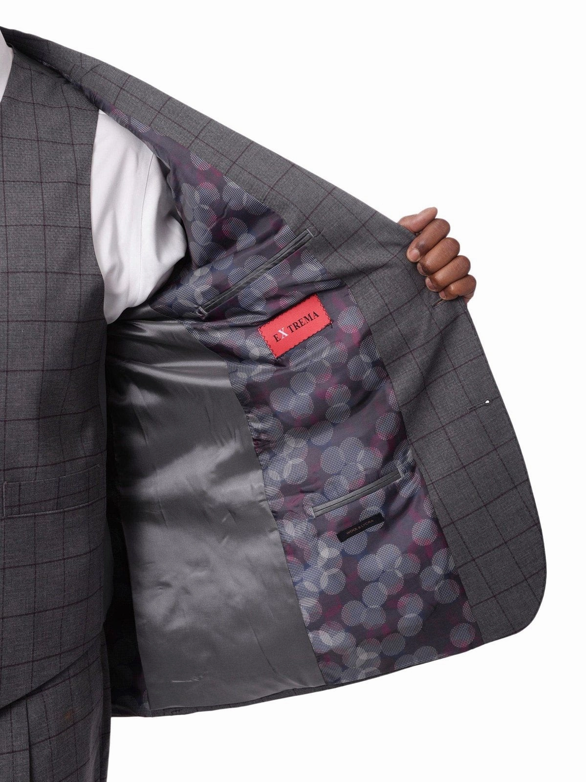 Extrema Mens Gray Check Wool Blend 3 Piece Vested Regular Fit Suit
