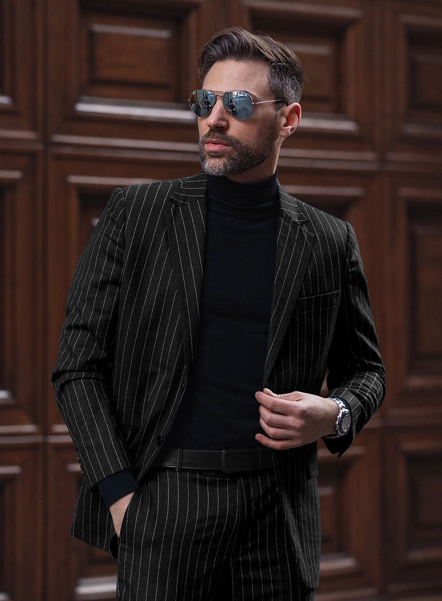 Italian Afito Black Chalkstripe Flannel Suit