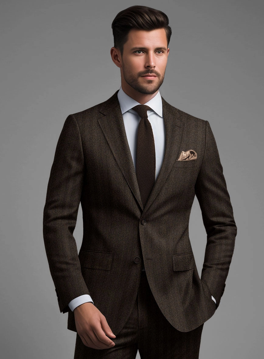 Italian Dark Brown Herringbone Flannel Suit
