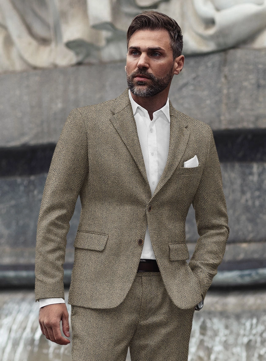 Italian Highlander Stone Beige Herringbone Tweed Suit
