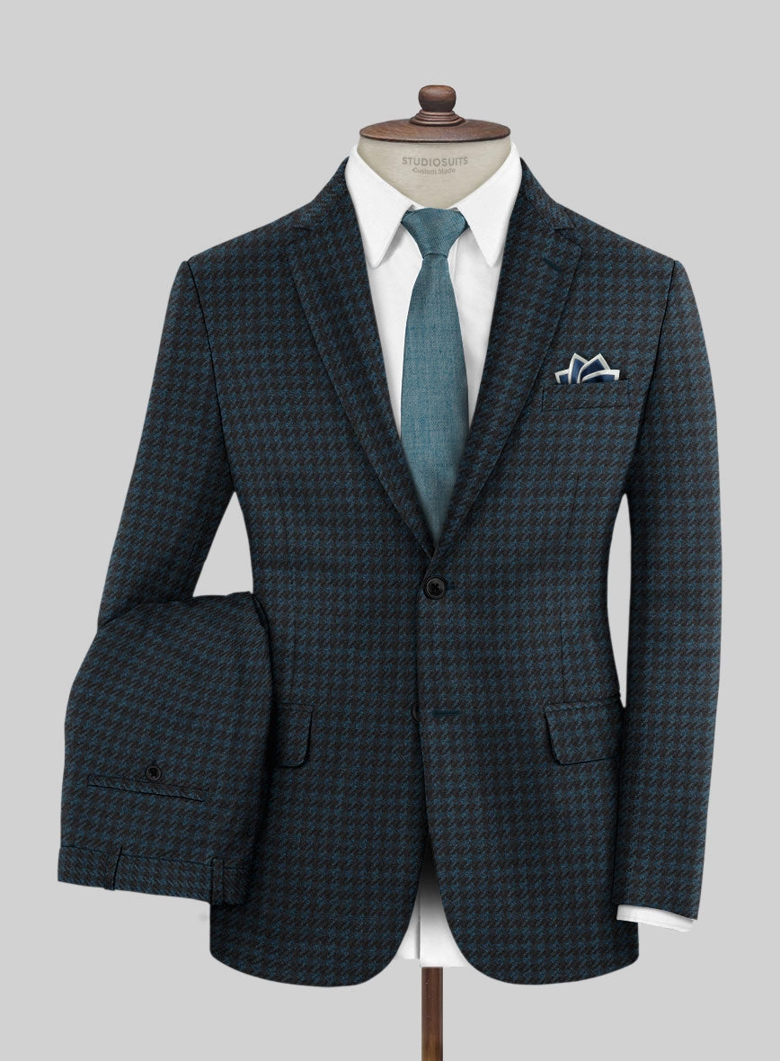 Italian Timas Teal Blue Houndstooth Flannel Suit