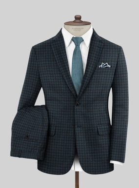 Italian Timas Teal Blue Houndstooth Flannel Suit