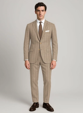 Italian Wide Herringbone Beige Tweed Suit