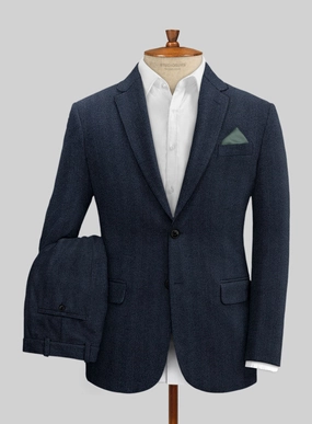 Italian Wide Herringbone Blue Tweed Suit