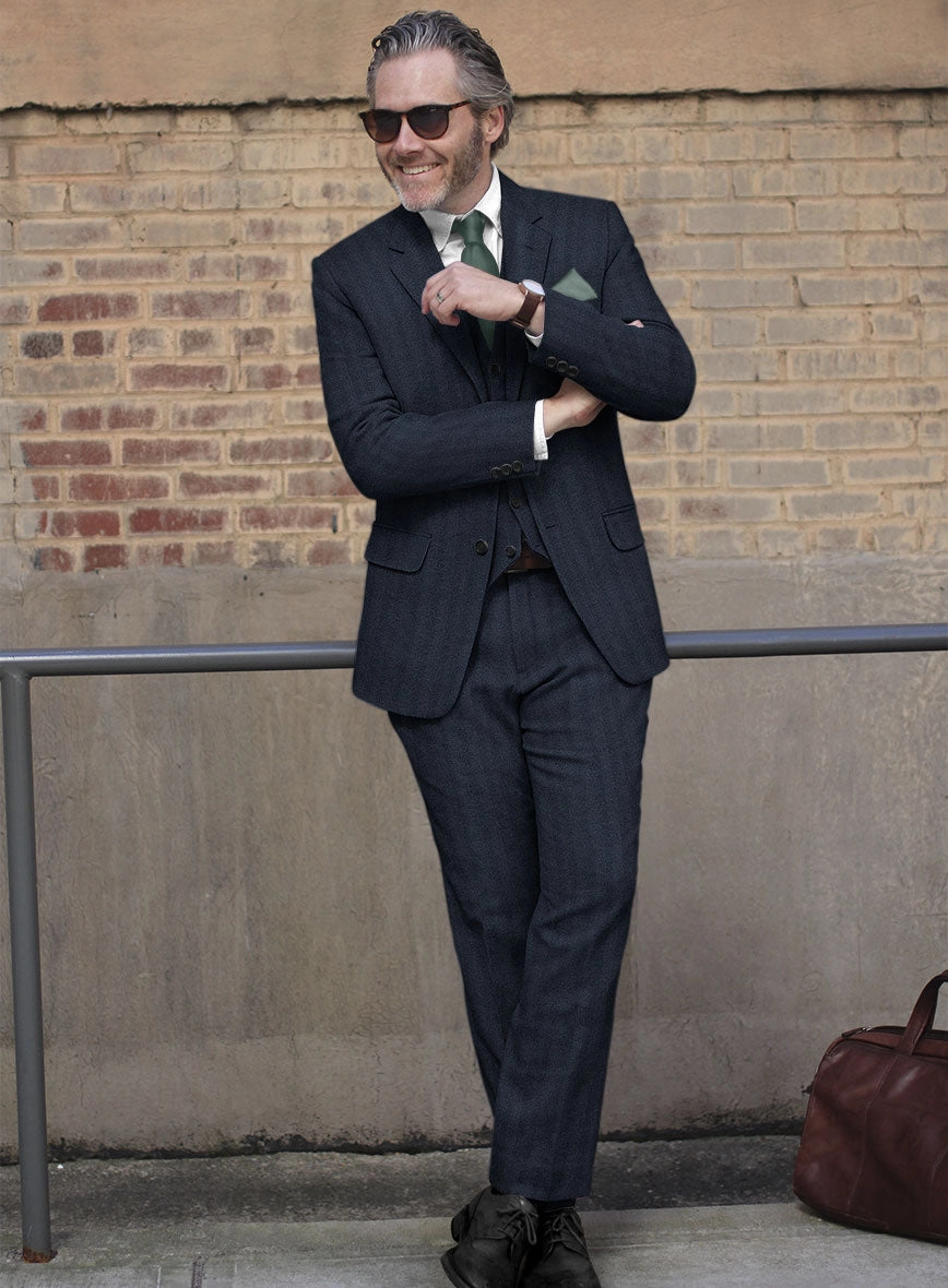 Italian Wide Herringbone Blue Tweed Suit
