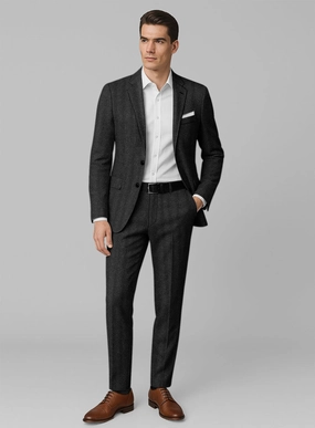 Italian Wide Herringbone Charcoal Tweed Suit