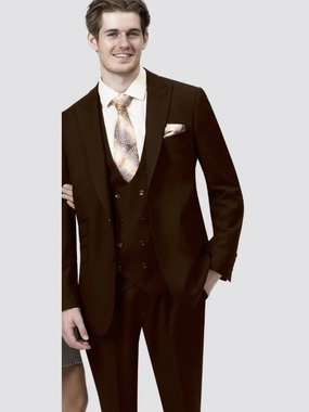 Kent & Park Solid Brown Regular Fit Two Button 3 Piece Suit With Peak Lapels
