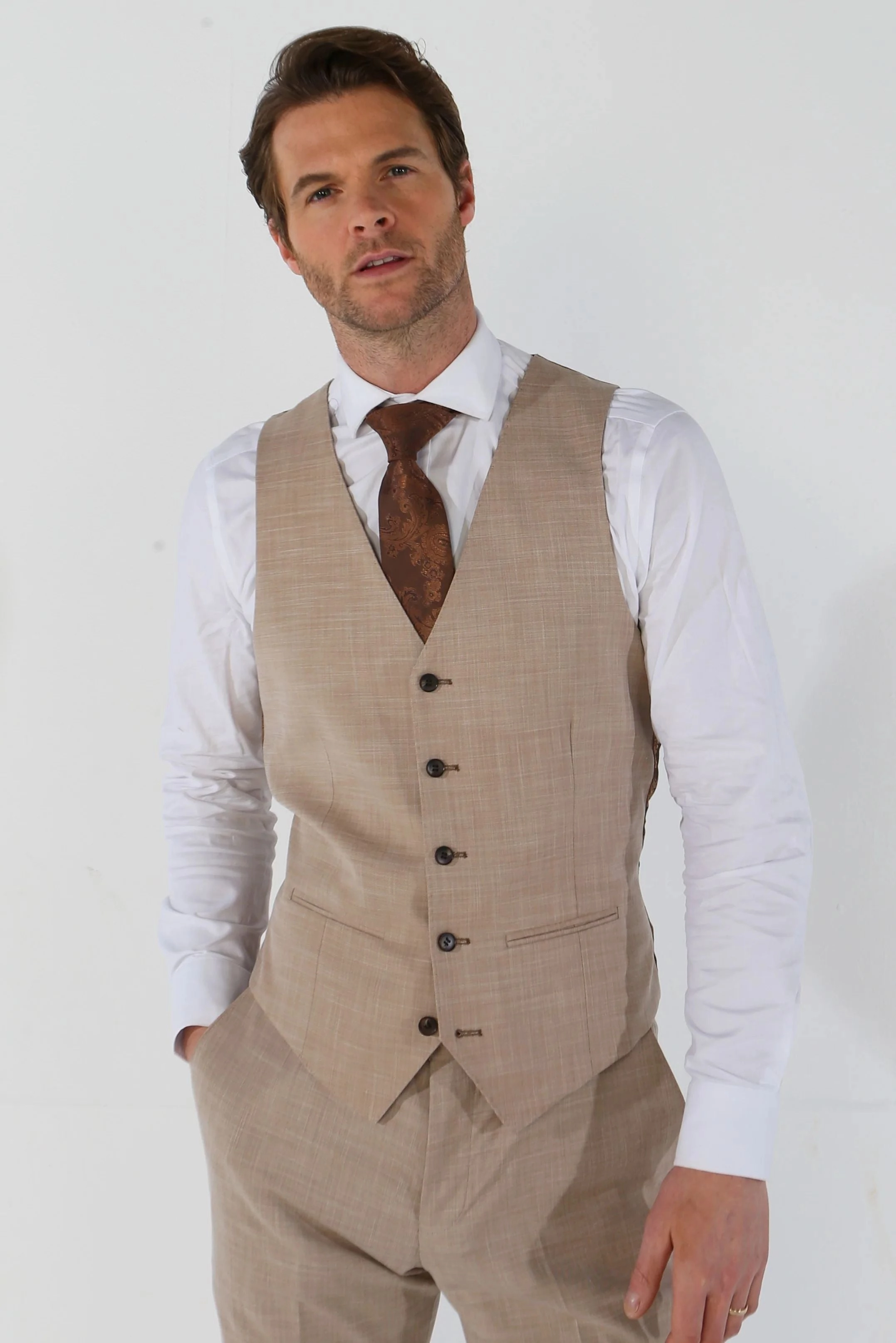 Men's 3 Piece Beige Summer Wedding Tailored Fit Suit