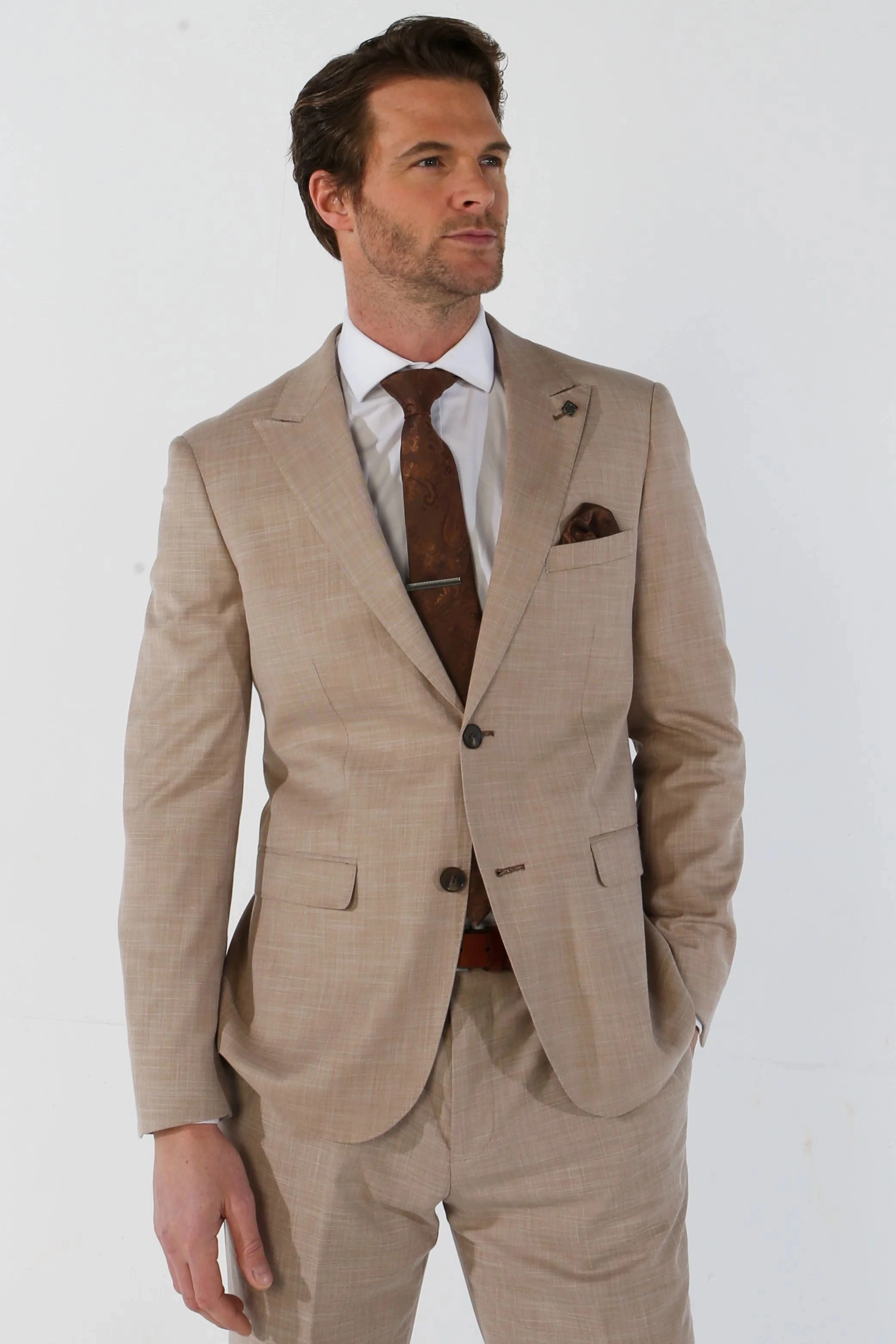 Men's 3 Piece Beige Summer Wedding Tailored Fit Suit