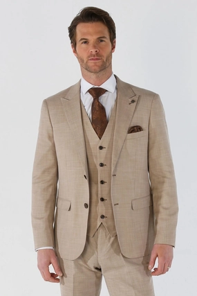 Men's 3 Piece Beige Summer Wedding Tailored Fit Suit