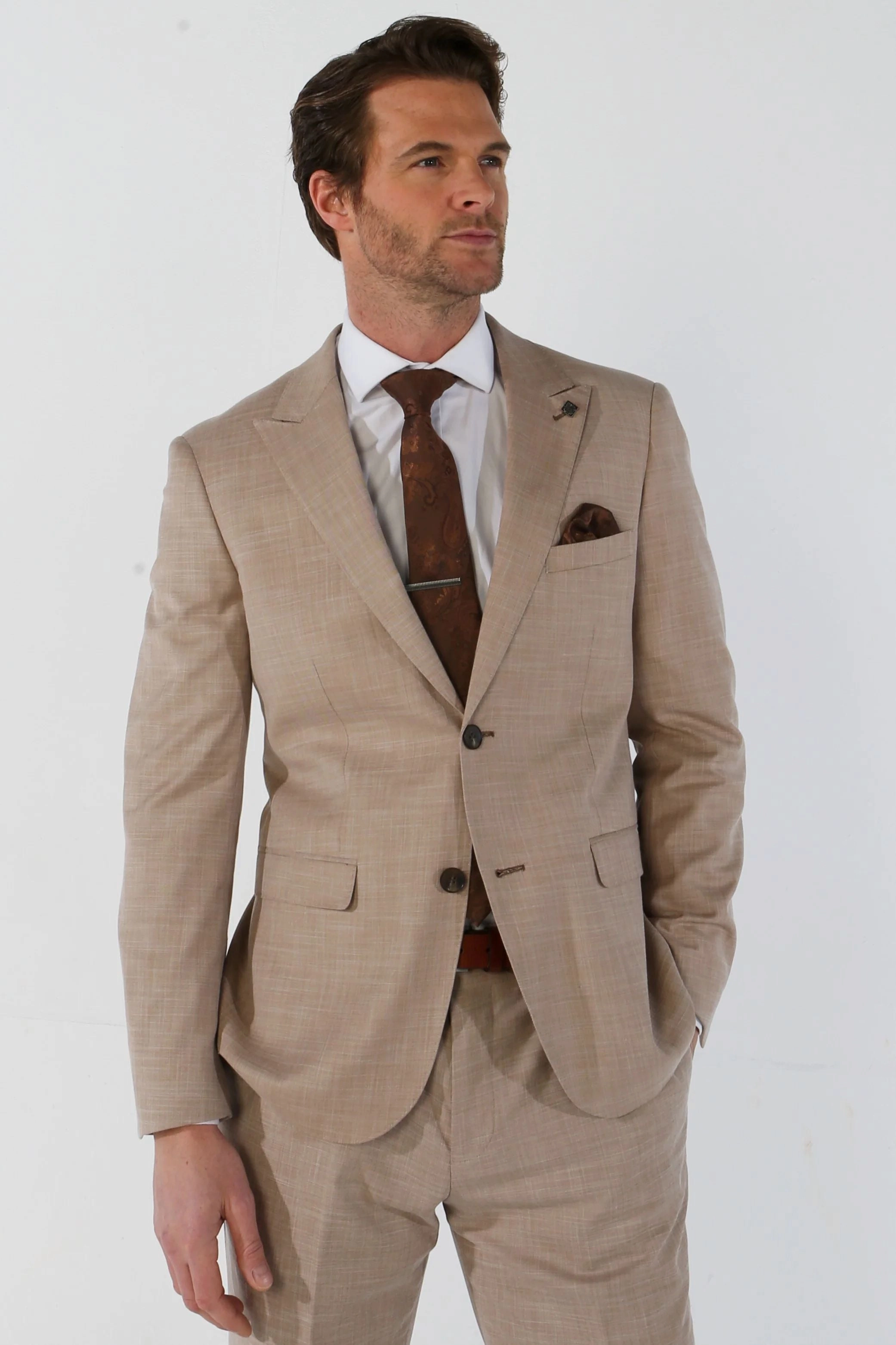 Men's 3 Piece Beige Summer Wedding Tailored Fit Suit