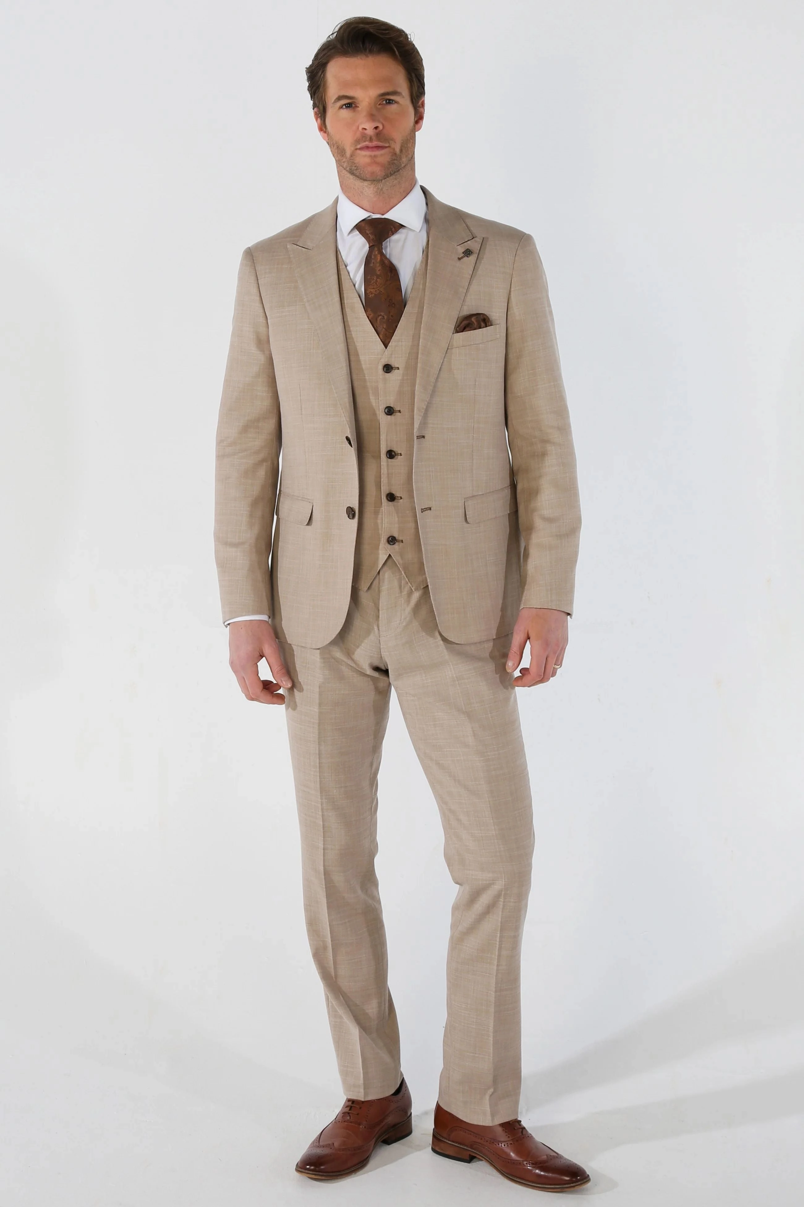 Men's 3 Piece Beige Summer Wedding Tailored Fit Suit