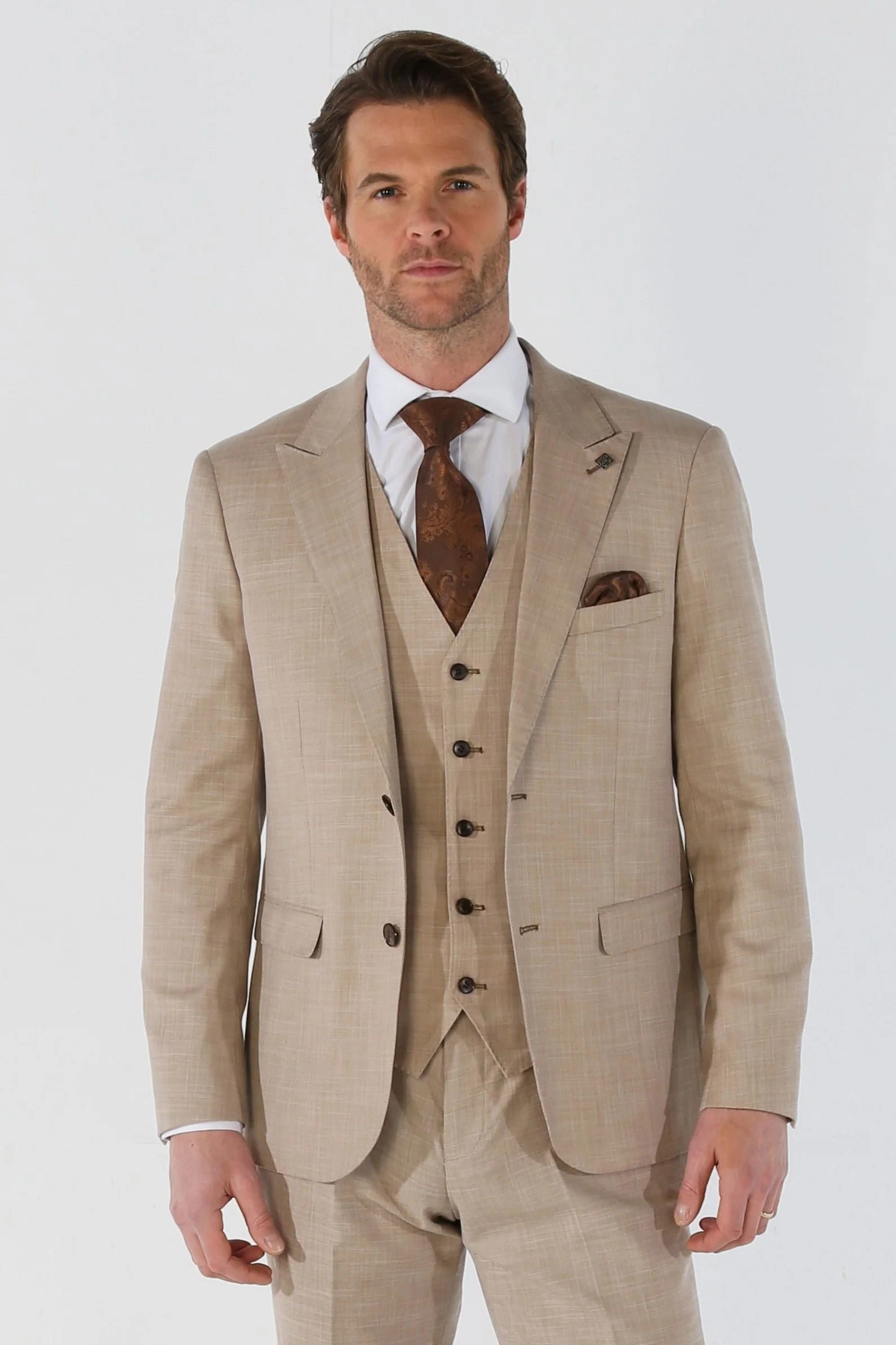 Men's 3 Piece Beige Summer Wedding Tailored Fit Suit