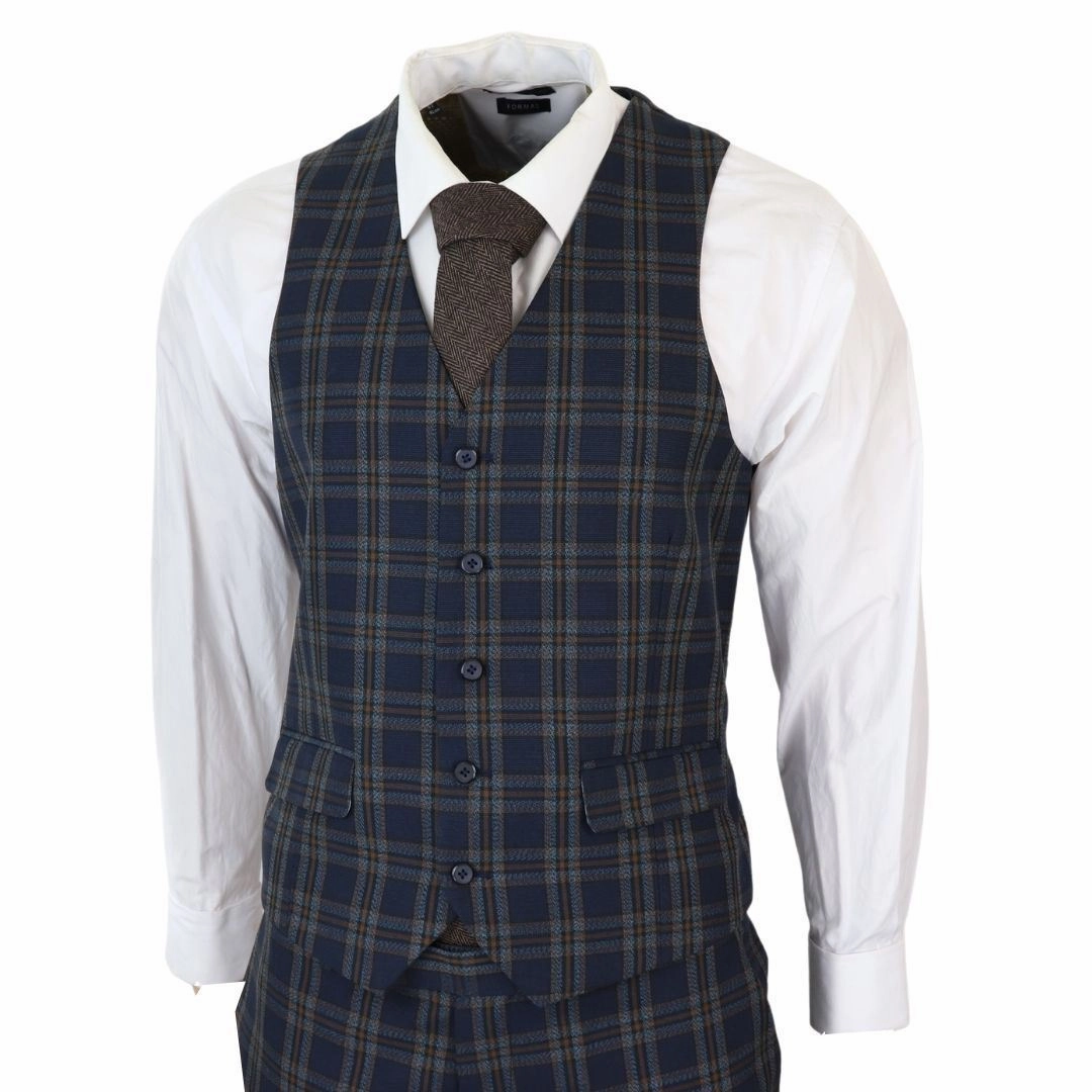 Men's Check Navy Blue 3 Piece Suit