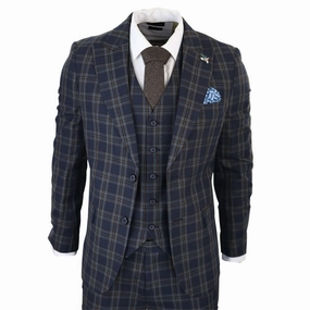 Men's Check Navy Blue 3 Piece Suit