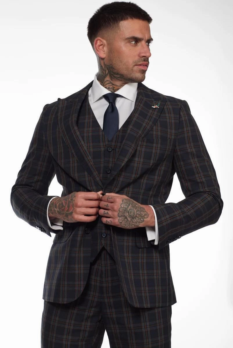 Men's Check Navy Blue 3 Piece Suit