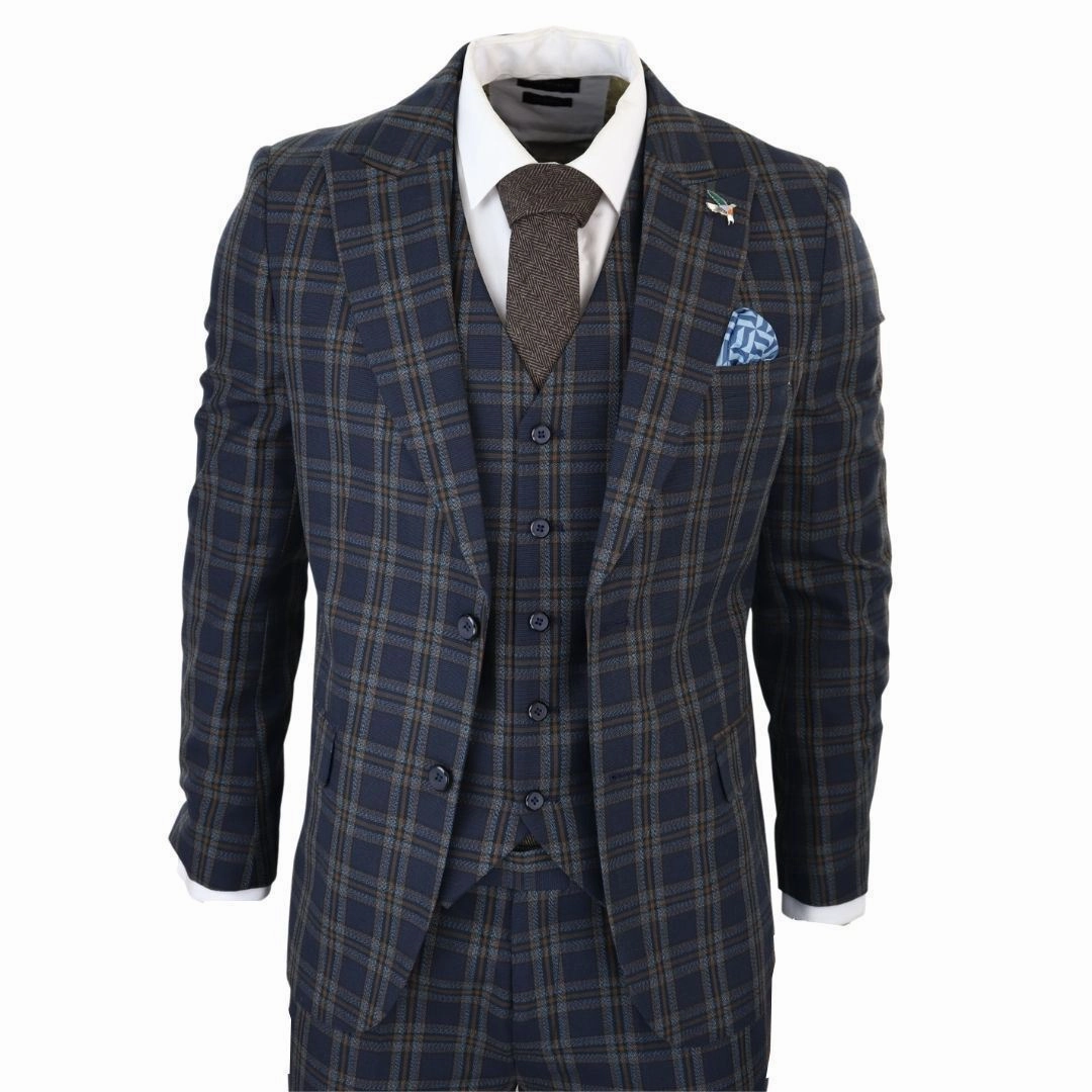 Men's Check Navy Blue 3 Piece Suit