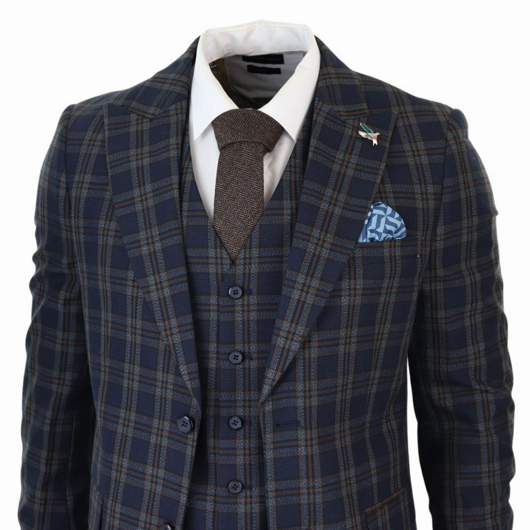 Men's Check Navy Blue 3 Piece Suit