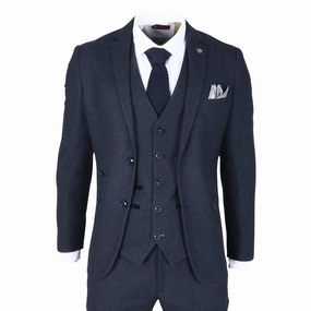 Men's Navy Blue Wool Blend Tweed Formal Suit
