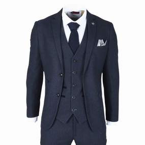 Men's Navy Blue Wool Blend Tweed Formal Suit