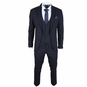 Men's Navy Checked 3 Piece Suit Tailored Fit
