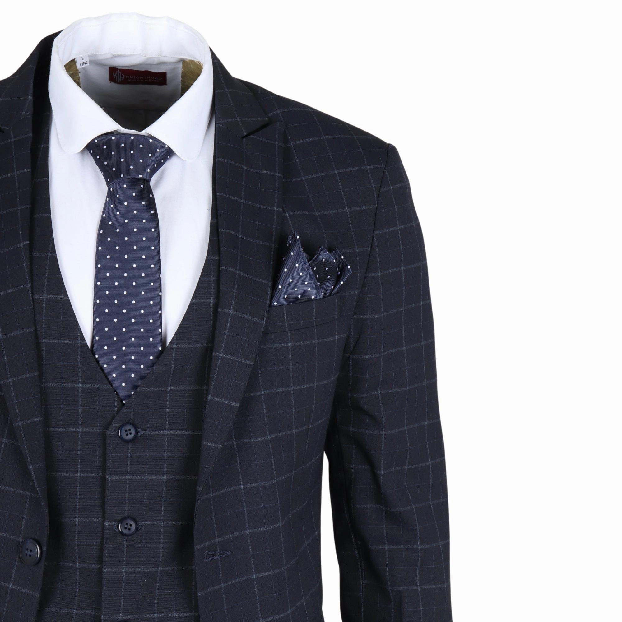 Men's Navy Checked 3 Piece Suit Tailored Fit