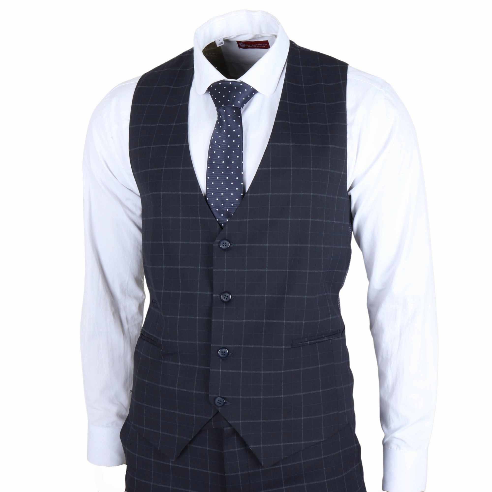 Men's Navy Checked 3 Piece Suit Tailored Fit