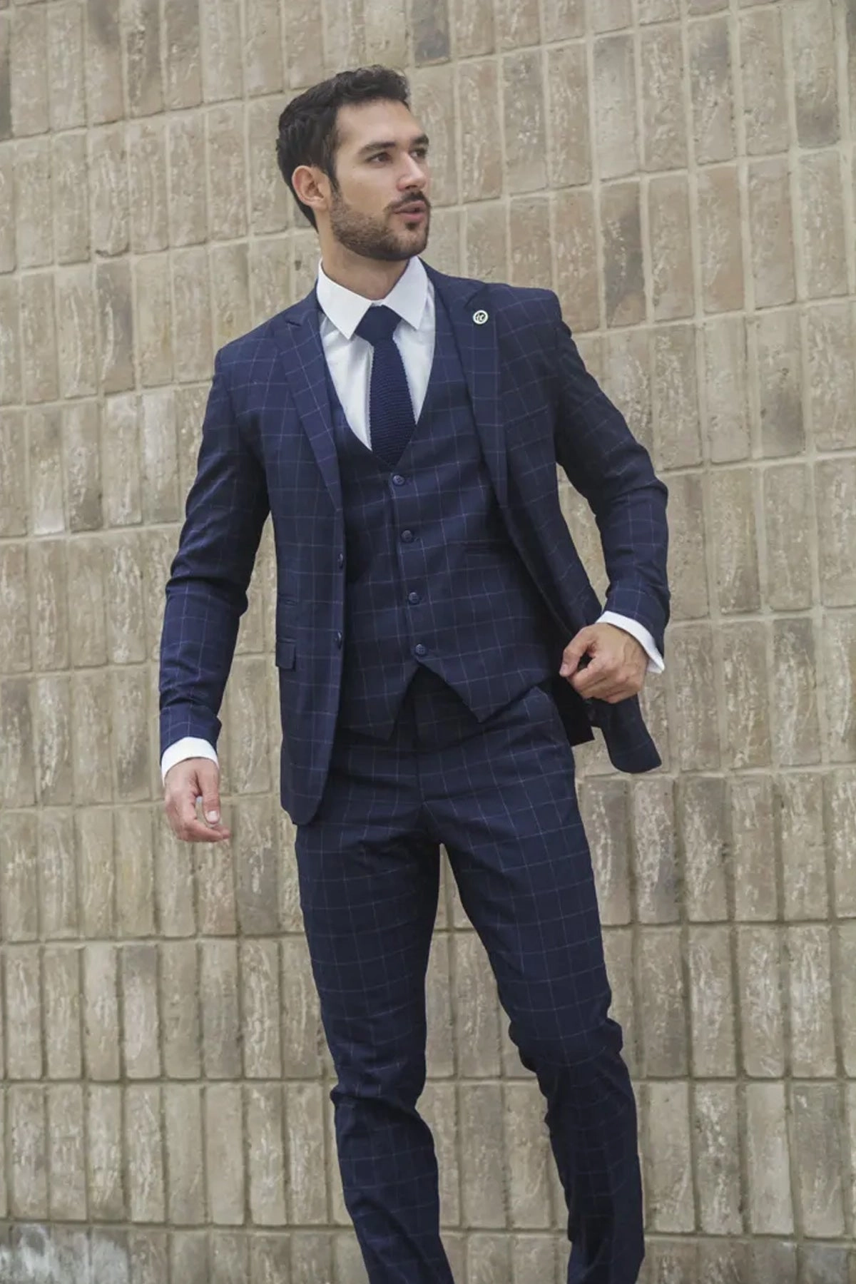 Men's Navy Checked 3 Piece Suit Tailored Fit
