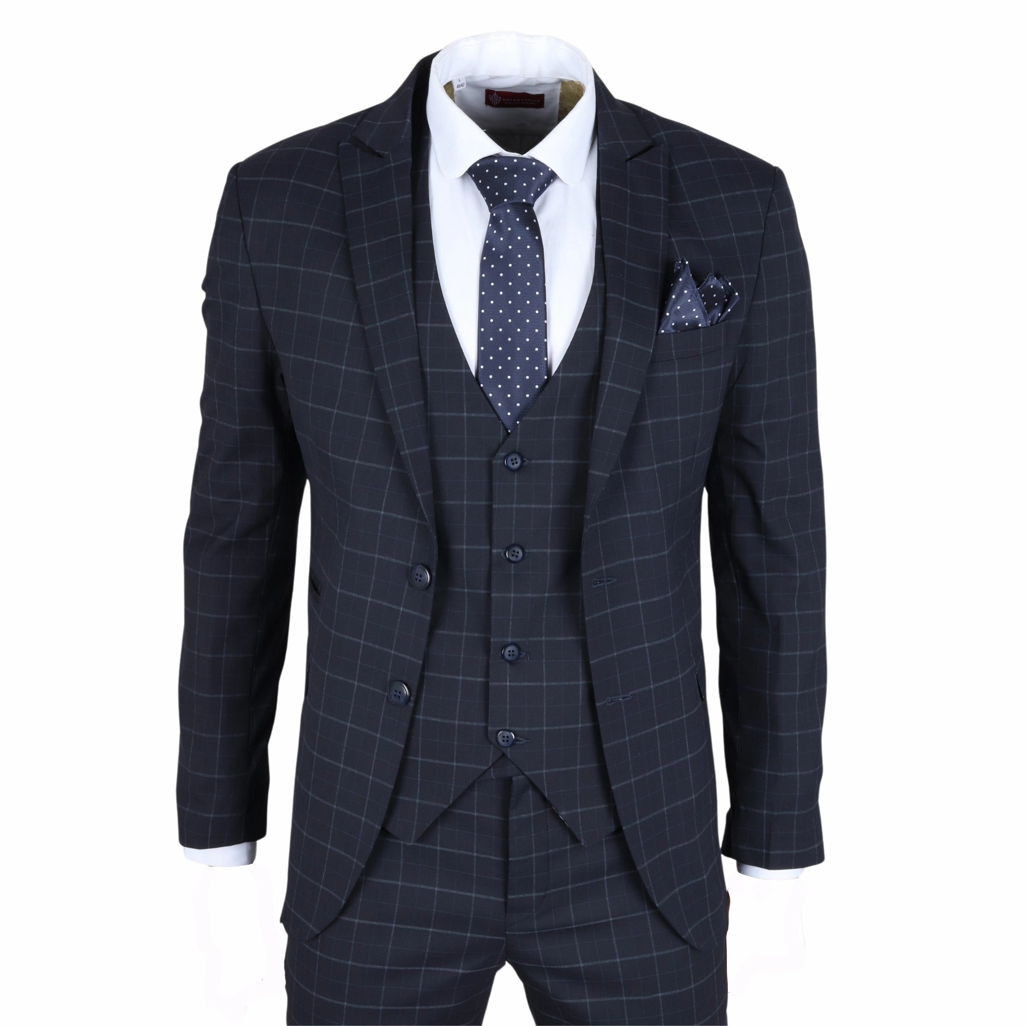 Men's Navy Checked 3 Piece Suit Tailored Fit