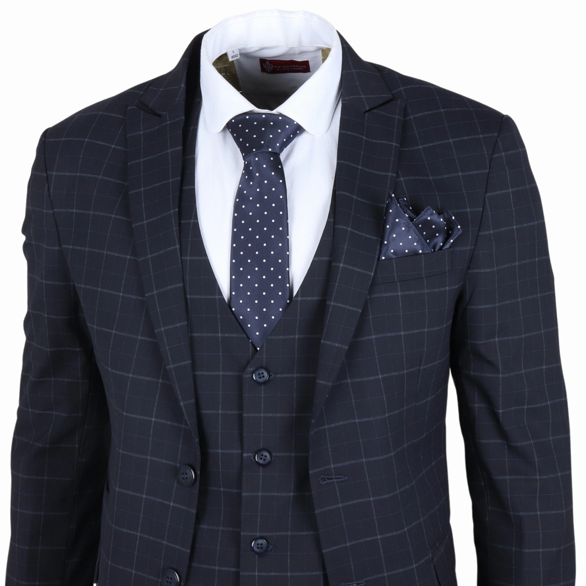 Men's Navy Checked 3 Piece Suit Tailored Fit