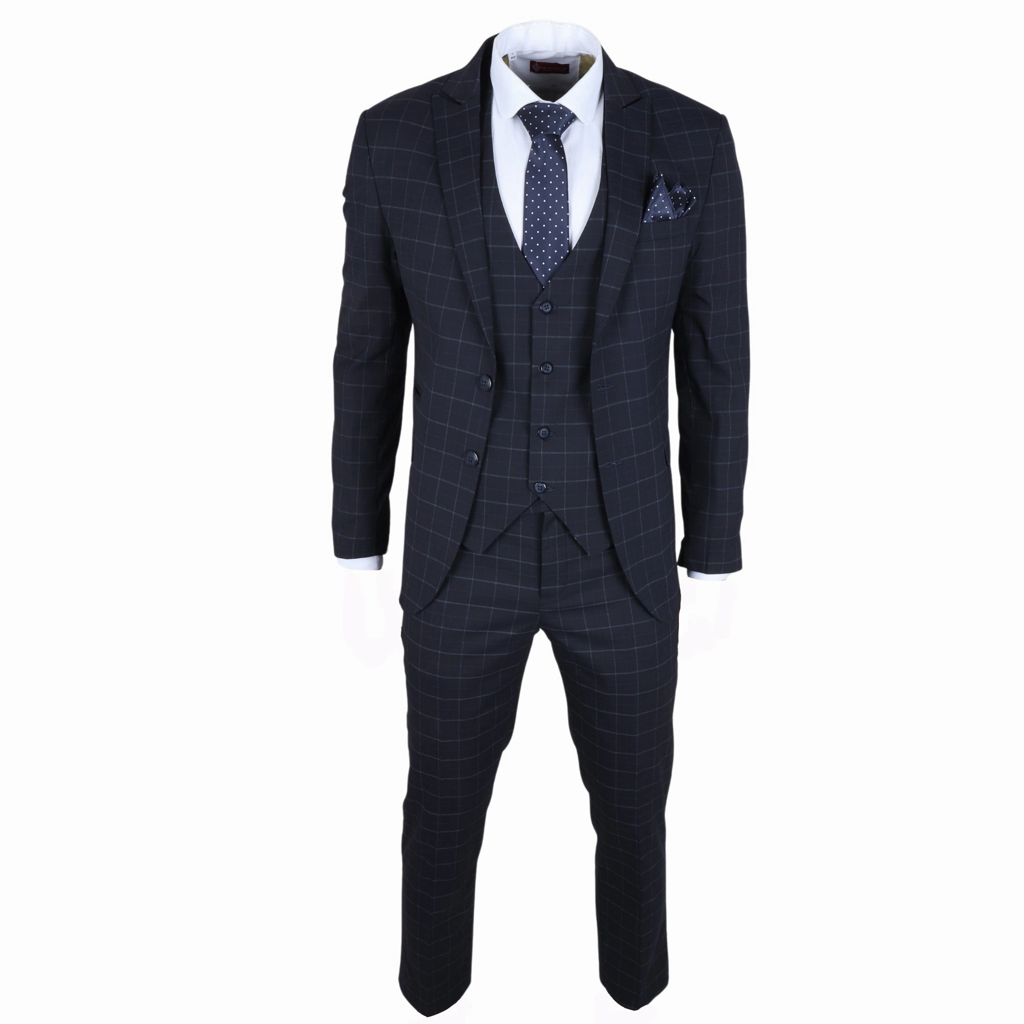 Men's Navy Checked 3 Piece Suit Tailored Fit